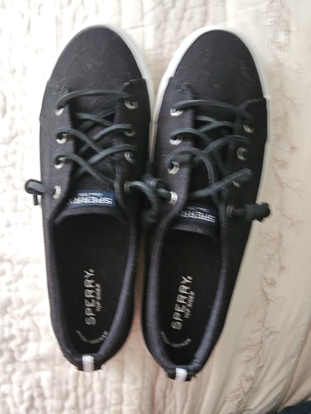 Sperry Black Canvas Boat Shoes with White Sole